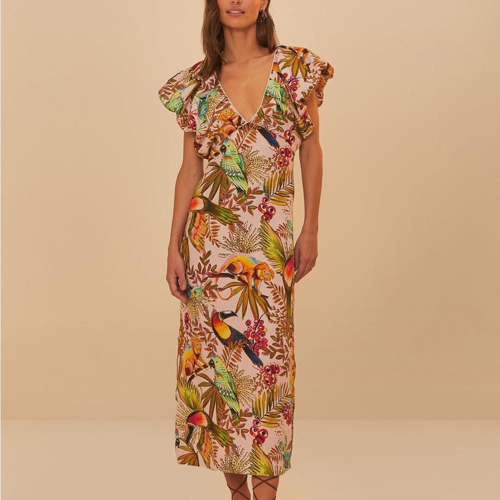 FARM Rio Pink Tropical Parrot Print Midi Dress